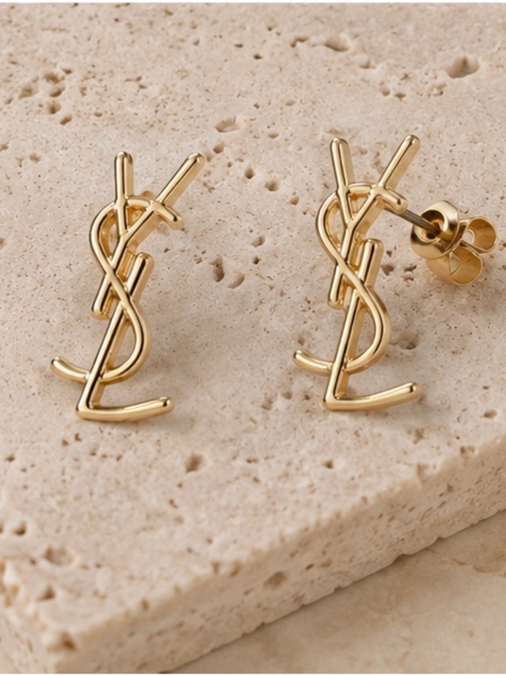 Designer Inspired Gold Logo Statement Stud Earrings